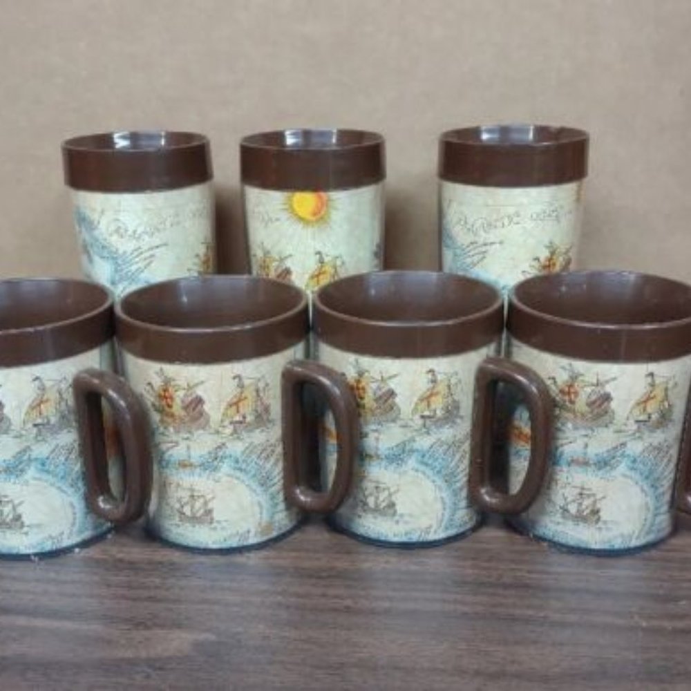 *VTG Lot of 7 -70s THERMO-SERV World Atlas/ Map Sea Ships Insulated 3 cup 4 mugs